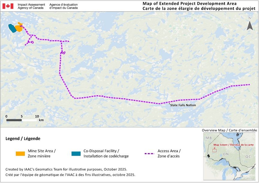 Map showing mine site area with three main areas : a blue co-disposal facility area, an orange mine site area and a purple dashed line indicates the mine access area, with a scale bar and inset map of Ontario for location context.