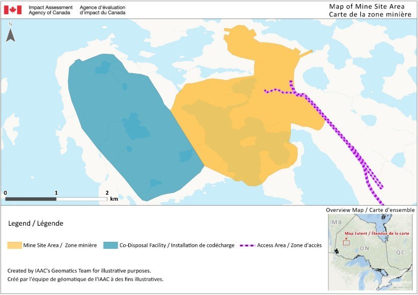 Zoomed in map showing mine site area with three main areas : a blue co-disposal facility area, an orange mine site area and a purple dashed line indicates the mine access area, with a scale bar and inset map of Ontario for location context.